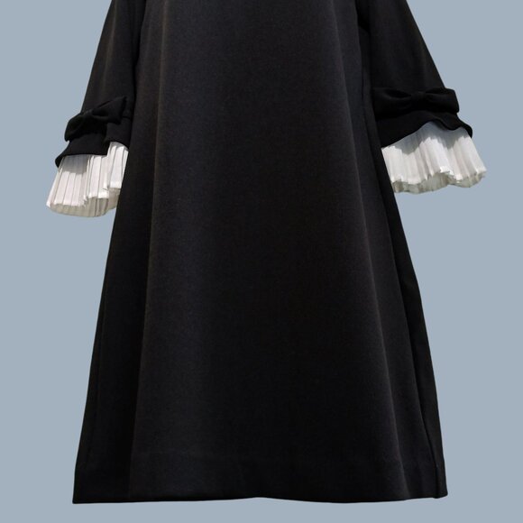 Sharagano Women Black Long Sleeve White Ruffled Pleated Cuffs ZipUp Dress Size 4 - Picture 3 of 13